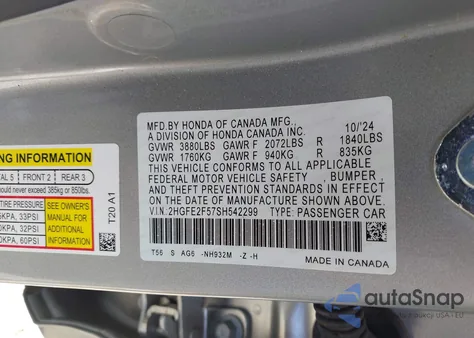 2025 Honda Civic Sport from USA, damaged, VIN 2HGFE2F57SH542299